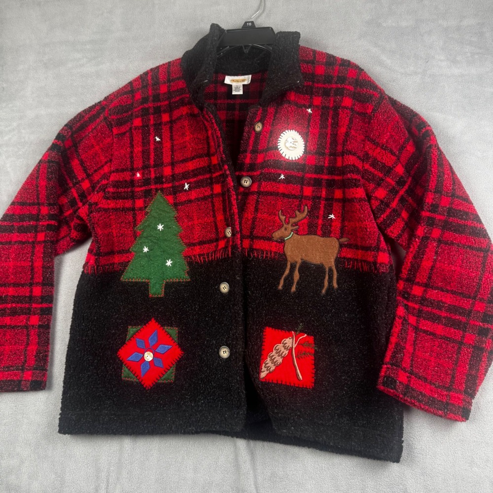Talbots Christmas Plaid Applique Cardigan Jacket Red Black Reindeer Tree Large